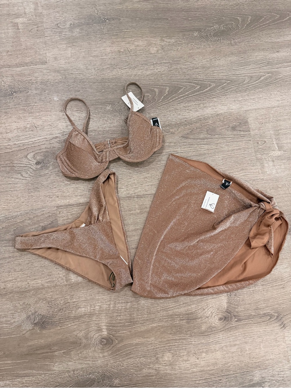NWT Shimmery Tan Three-Piece Women’s Swim Set